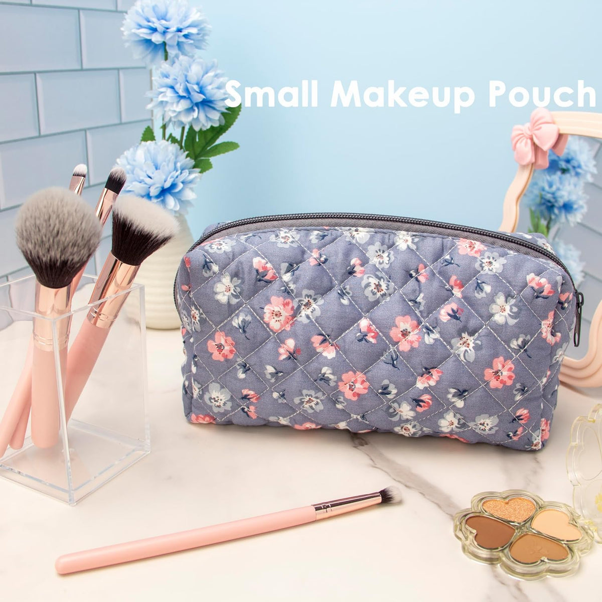 PAZIMIIK Small Quilted Makeup Bag,Zipper Cosmetic Pouch,Grey Floral