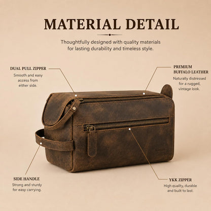 KomalC Buffalo Leather Toiletry Bag for Men & Women, Travel Pouch