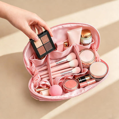Travel parallel vertical Makeup Bag with Fold-Down Design and Adjustable Dividers,upright Cosmetic Toiletry Bags Brown