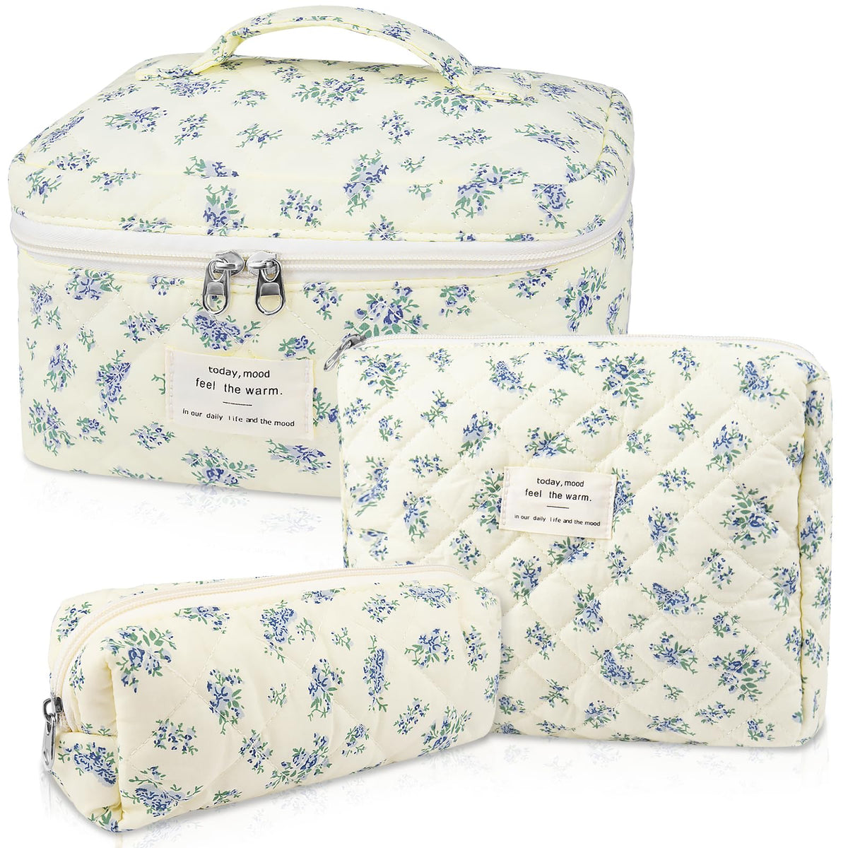 Gosect Makeup Bag Set, Quilted Makeup Bags, Large Floral Cosmetic Bag for Women, Cute Cotton Makeup Bags, Flower Travel Toiletry Organizer Bag (Folk Style)