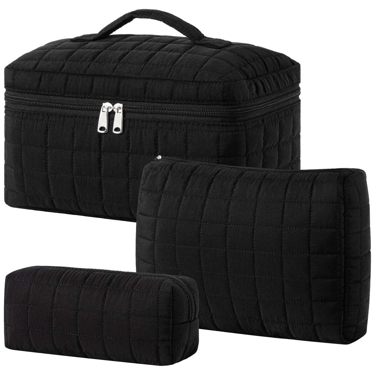 HBselect Quilted Makeup Bag, 3Pcs Cotton Large Travel Makeup Bags Organizer