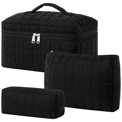 HBselect Quilted Makeup Bag, 3Pcs Cotton Large Travel Makeup Bags Organizer