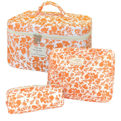Rose Red Large Quilted Floral Makeup Bag Cute Soft Coquette Aesthetic Cosmetic Bag Cotton Travel Toiletry Bag for Women