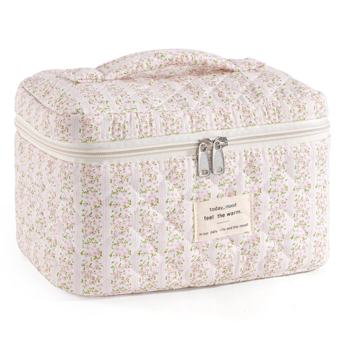 Makeup Bag for Women Quilted Cotton Make Up Bag Travel Cosmetic Bag Large Makeup Bag Cute Makeup Bags Organizer Floral Toiletry Bag Makeup Pouch for Purse, Pink Floral A-1PCS
