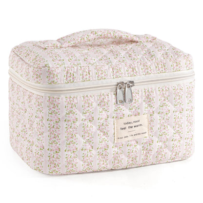 Makeup Bag for Women Quilted Cotton Make Up Bag Travel Cosmetic Bag Large Makeup Bag Cute Makeup Bags Organizer Floral Toiletry Bag Makeup Pouch for Purse, Pink Floral A-1PCS