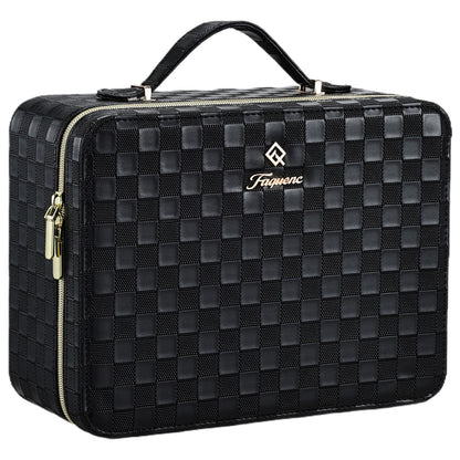 Faquenc Leather Makeup Case with LED Lighted Mirror 11.4 Inch Travel Makeup Bag Adjustable Brightness in 3 Colors Cosmetic Organizer Artist Storage Bag with Dividers Brush Holder Bag Vanity White