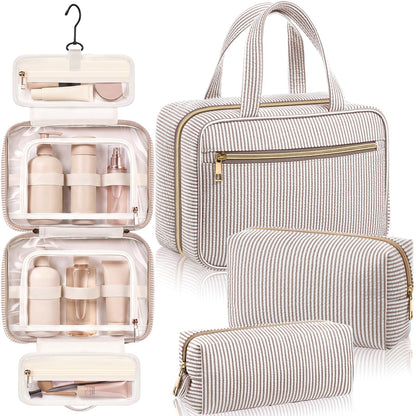 Sanwuta 3 Pcs Seersucker Toiletry Bag Set Stripe Makeup Bag, Rose Red