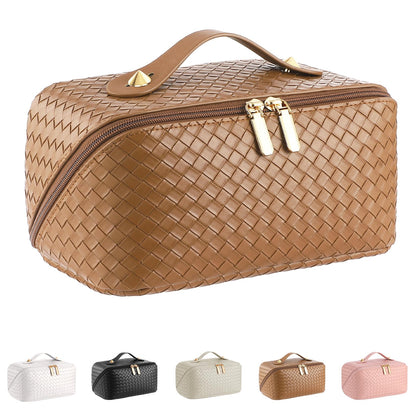ALEXTINA Travel Makeup Bag, Woven PU Leather Cosmetic Bag, Khaki