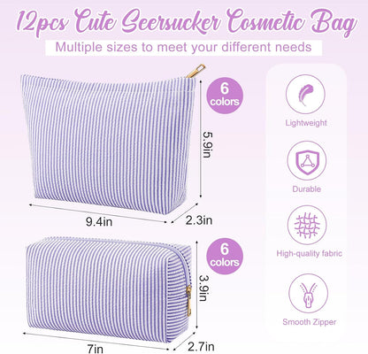 Huhumy 12 Pcs Seersucker Makeup Bags for Woman Striped, 6 Colors