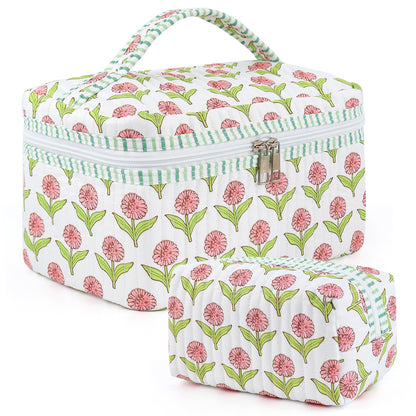 2 Pcs Quilted Makeup Bag Set, Floral Travel Cosmetic Bags for Women Girls