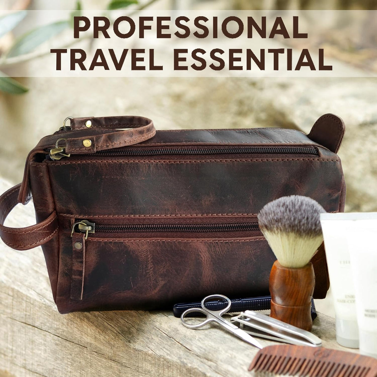 Leather Toiletry Bag for Men - Full Grain Travel Dopp Kit & Shaving Bag