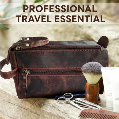 Leather Toiletry Bag for Men - Full Grain Travel Dopp Kit & Shaving Bag