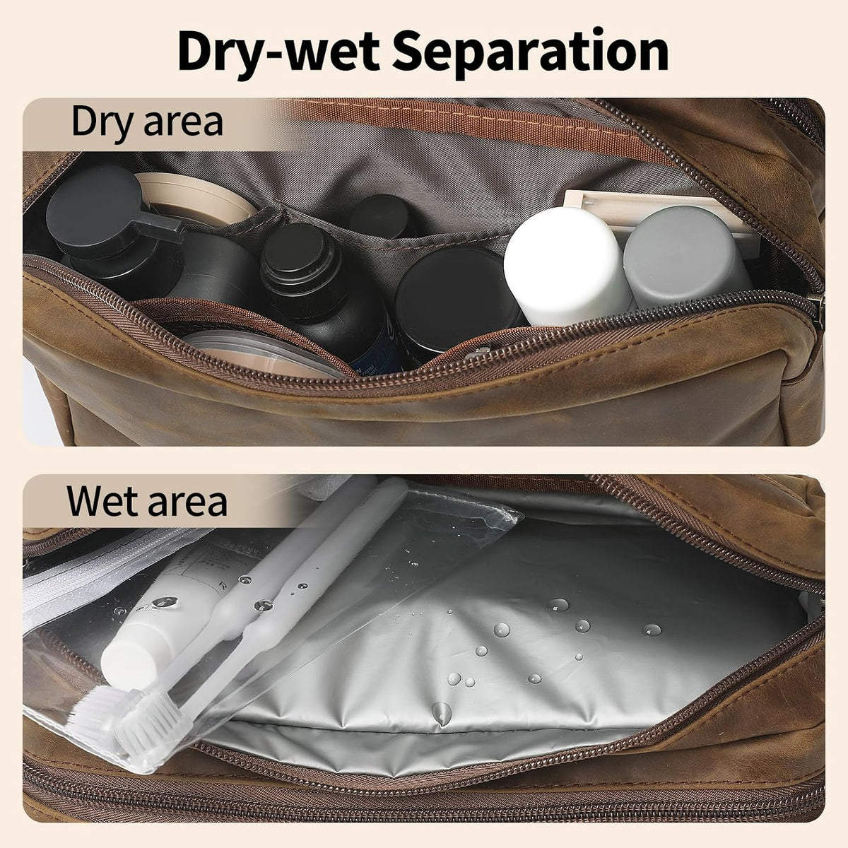 Genuine Leather Travel Toiletry Bag for Men Women, Cosmetic Makeup Bag Organizer Shaving Dopp Kit Travel Essential