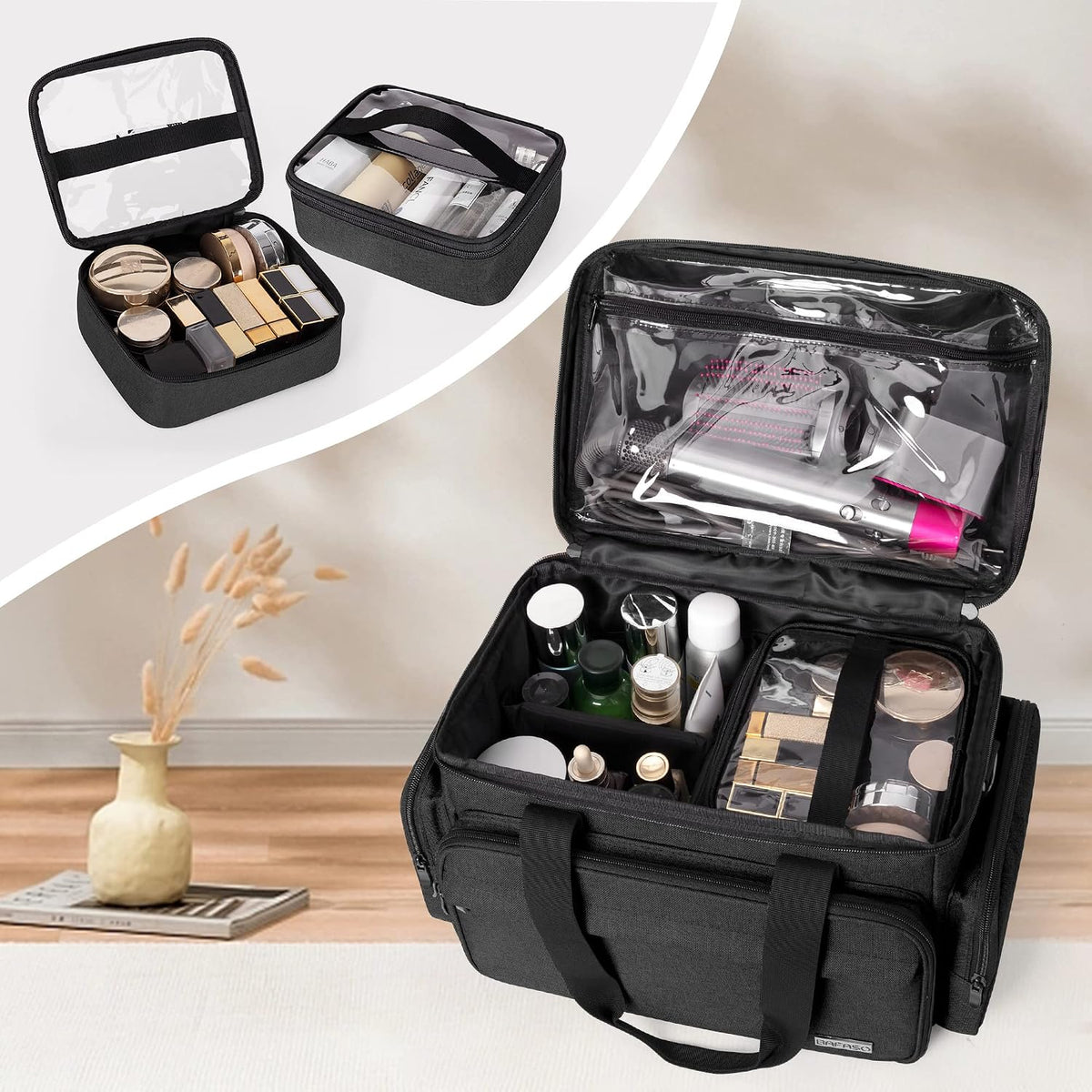 BAFASO Makeup Bag with 2 Removable Pouches and Detachable Dividers, Black