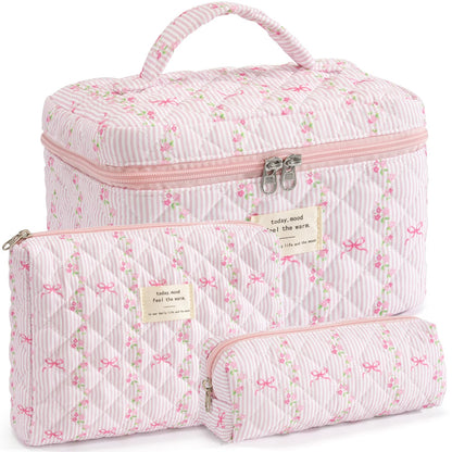 Makeup Bag for Women Quilted Cotton Make Up Bag Travel Cosmetic Bag Large Makeup Bag Cute Makeup Bags Organizer Floral Toiletry Bag Makeup Pouch for Purse, Pink Floral A-1PCS