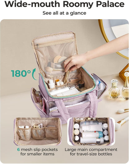 BAGSMART Toiletry Bag for Women with Dual-Padded Handles, Puffy Lightweight Makeup Bag for Makeup Accessories, Brushes Set, Travel-Sized Container, Camel