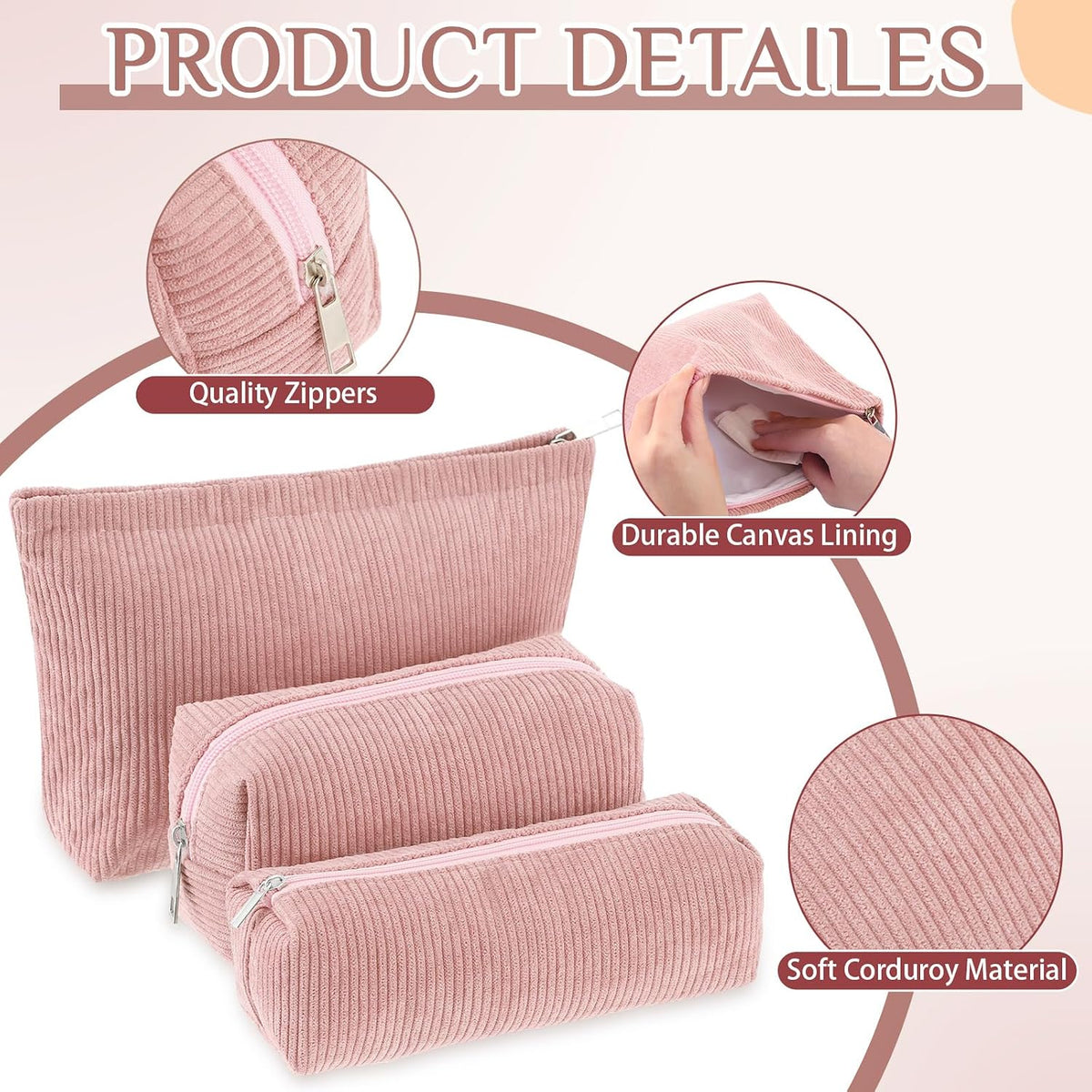 Huhumy 3 Pcs Corduroy Makeup Bag Set for Women, Pink, Solid Style