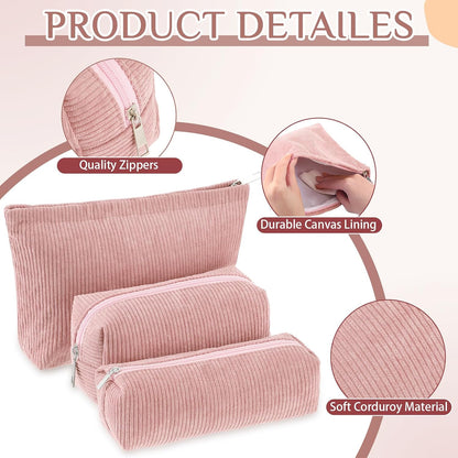 Huhumy 3 Pcs Corduroy Makeup Bag Set for Women, Pink, Solid Style