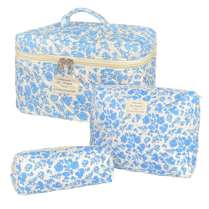 Rose Red Large Quilted Floral Makeup Bag Cute Soft Coquette Aesthetic Cosmetic Bag Cotton Travel Toiletry Bag for Women