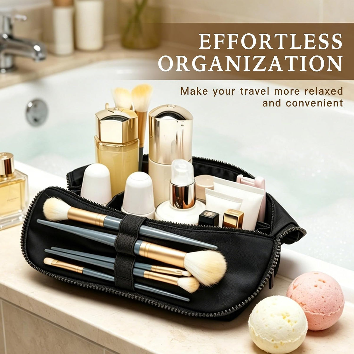 Minoisome Travel Makeup Bag,PU leather toiletry bag,make up organizer case for women,Large Capacity Cosmetic Bag,Wide-open Pouch Purse，Toiletries Accessories，Fold-Down Design and Adjustable Dividers.
