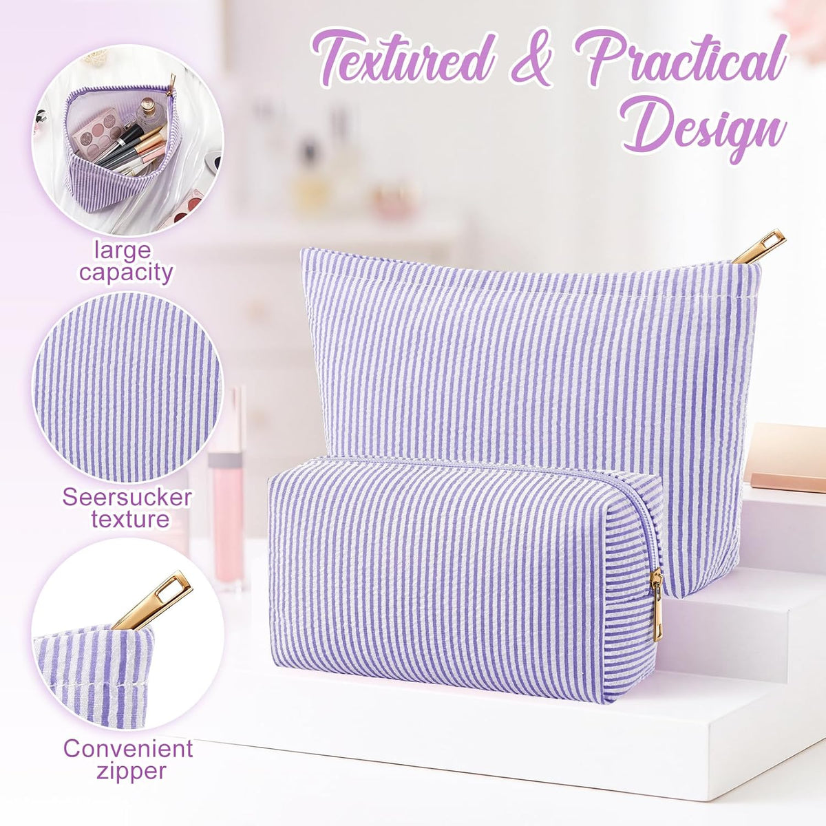 Huhumy 12 Pcs Seersucker Makeup Bags for Woman Striped, 6 Colors