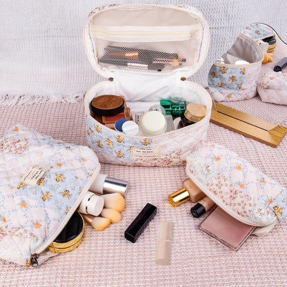 Gosect Makeup Bag Set, Quilted Makeup Bags, Large Floral Cosmetic Bag for Women, Cute Cotton Makeup Bags, Flower Travel Toiletry Organizer Bag (Folk Style)
