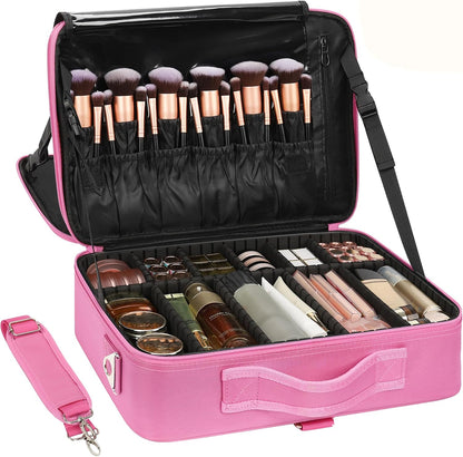 Relavel Makeup Case Large Makeup Bag Professional Train Case Travel Cosmetic Organizer Brush Holder Waterproof Makeup Artist Storage Box, 3 Layer Large Capacity, with Adjustable Strap, Rose Pink