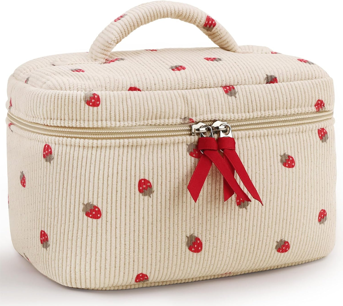 Prite Corduroy Makeup Bag Travel Toiletry Organizer for Women (Strawberry)