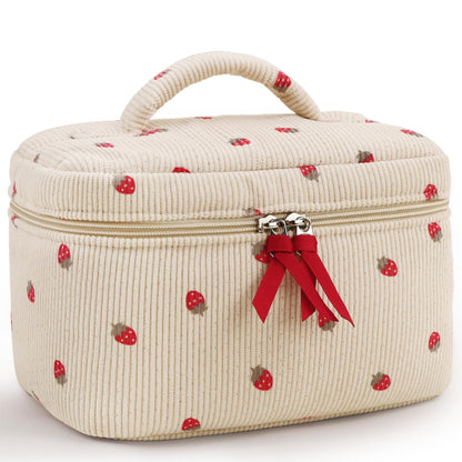Prite Corduroy Makeup Bag Travel Toiletry Organizer for Women (Strawberry)