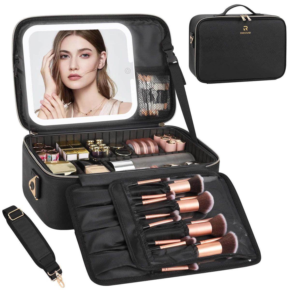 Chomeiu Makeup Bag with LED Mirror, Travel Cosmetic Bag with Shoulder Strap