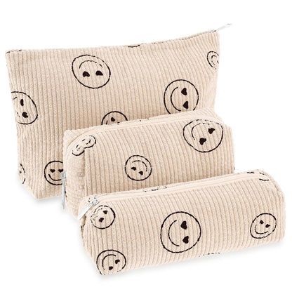 Huhumy 3 Pcs Corduroy Makeup Bag Set for Women, Pink, Solid Style