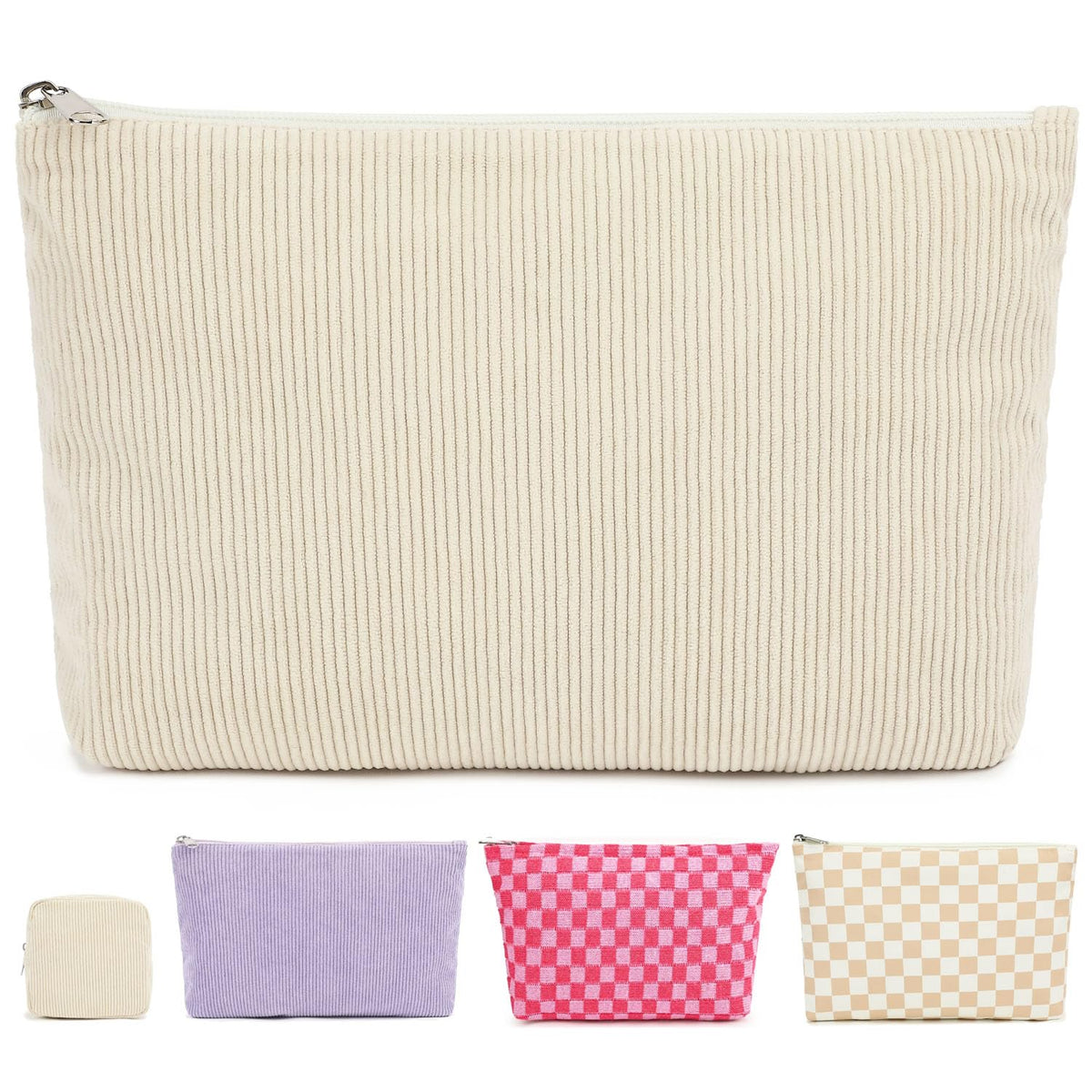 Fammart Checkered Makeup Bag, Corduroy Travel Cosmetic Bag Organizer Toiletry Bag Make Up Bags with Zipper & Compartments for Women Girls