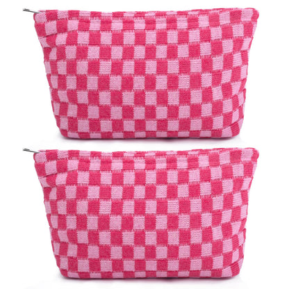 SOIDRAM 2 Pieces Makeup Bag Large Checkered Cosmetic Bag Capacity Canvas Mix Travel Toiletry Bag Organizer Cute Makeup Brushes Aesthetic Accessories Storage Bag for Women, Checkered Mix Rose Red