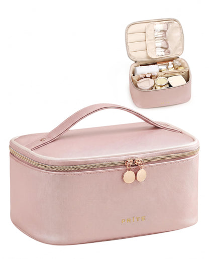 Prite Makeup Bag Travel Cosmetic Case, Women Toiletry Bag Organizer, Beige
