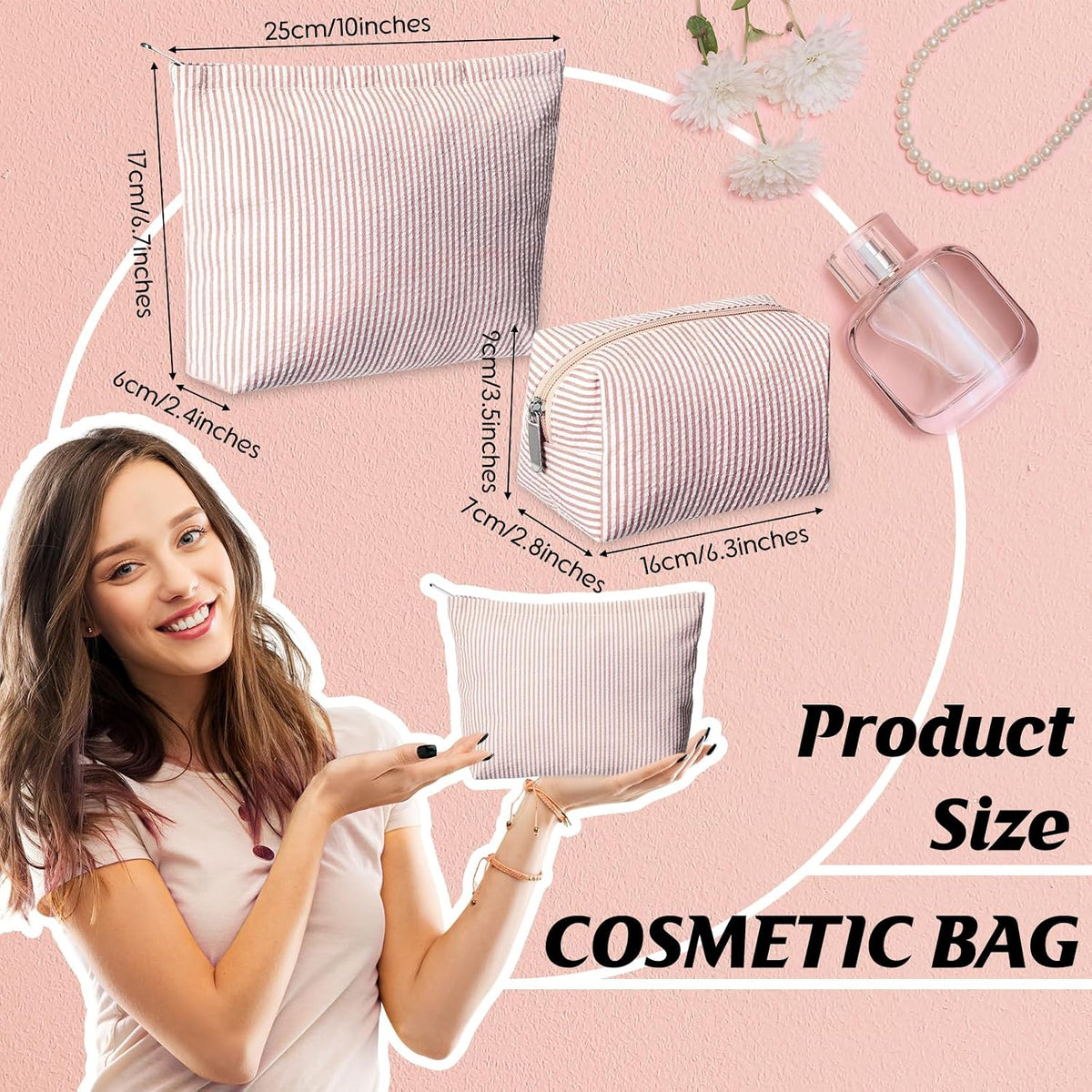 Huhumy 2 Pcs Makeup Bag Set for Women, Khaki, Thin Stripe