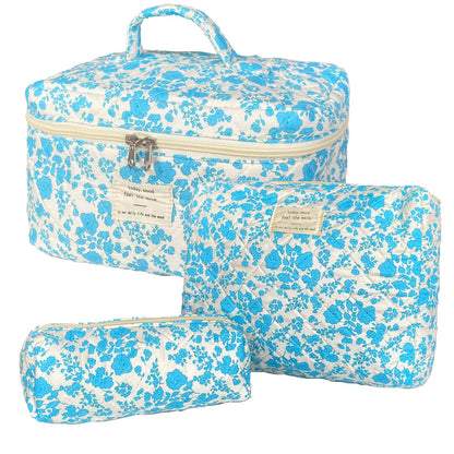 Rose Red Large Quilted Floral Makeup Bag Cute Soft Coquette Aesthetic Cosmetic Bag Cotton Travel Toiletry Bag for Women
