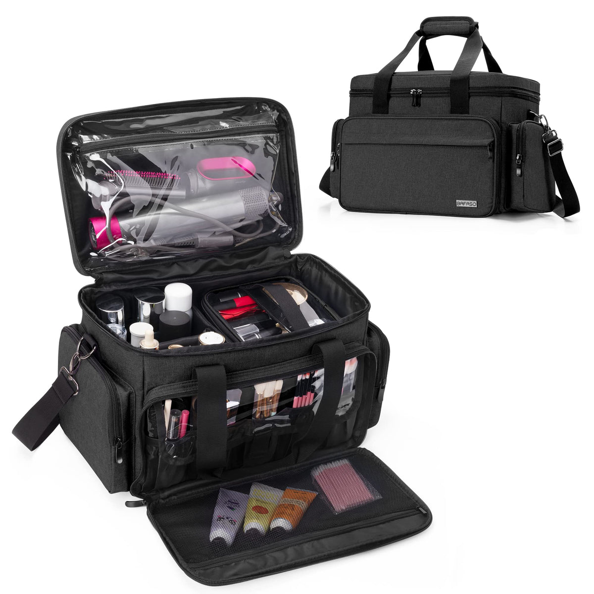 BAFASO Makeup Bag with 2 Removable Pouches and Detachable Dividers, Black