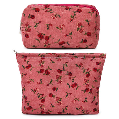SOIDRAM 2 Pieces Makeup Bag Large Checkered Cosmetic Bag Capacity Canvas Mix Travel Toiletry Bag Organizer Cute Makeup Brushes Aesthetic Accessories Storage Bag for Women, Checkered Mix Rose Red