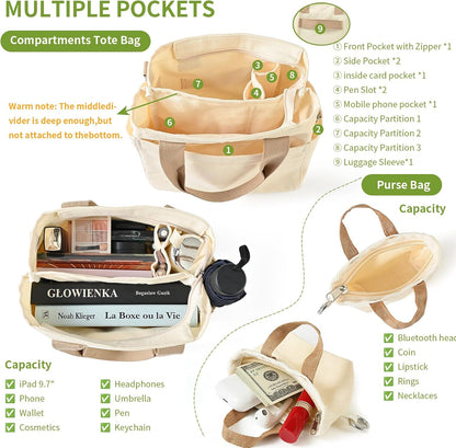 Small Canvas Tote Bag with Multi Pockets, Crossbody Shoulder Bag with Compartments and Zipper, Lightweight Adjustable