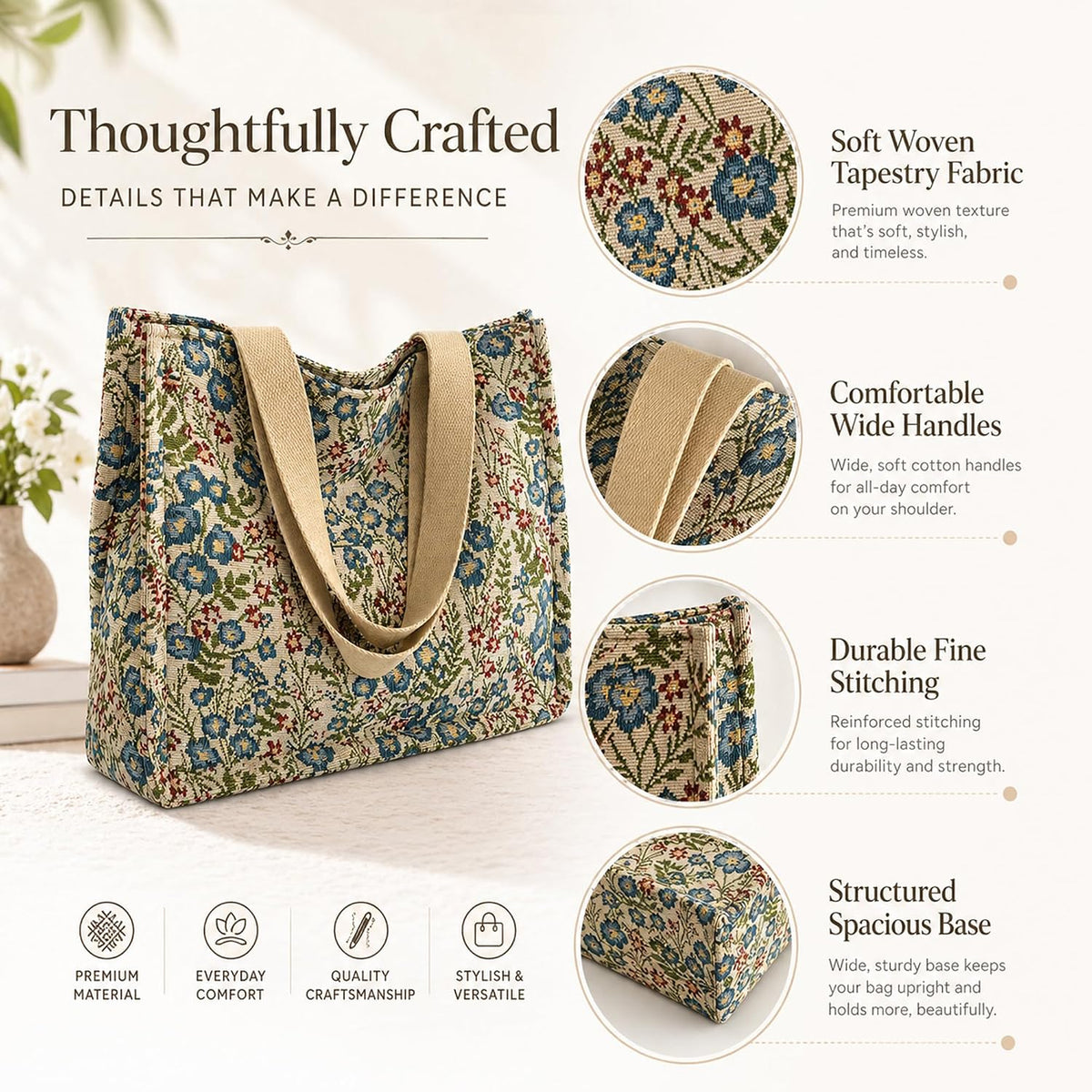 Canvas Tote Bag for Women, Floral Reusable Shoulder Bag Ladies Cute Cloths Handbags for Work Travel