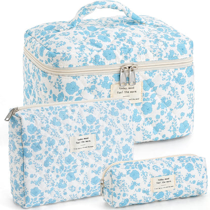 Makeup Bag for Women Quilted Cotton Make Up Bag Travel Cosmetic Bag Large Makeup Bag Cute Makeup Bags Organizer Floral Toiletry Bag Makeup Pouch for Purse, Pink Floral A-1PCS