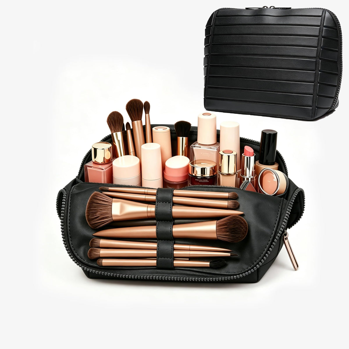 Travel parallel vertical Makeup Bag with Fold-Down Design and Adjustable Dividers,upright Cosmetic Toiletry Bags Brown