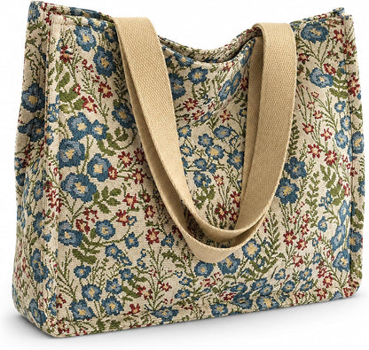 Canvas Tote Bag for Women, Floral Reusable Shoulder Bag Ladies Cute Cloths Handbags for Work Travel
