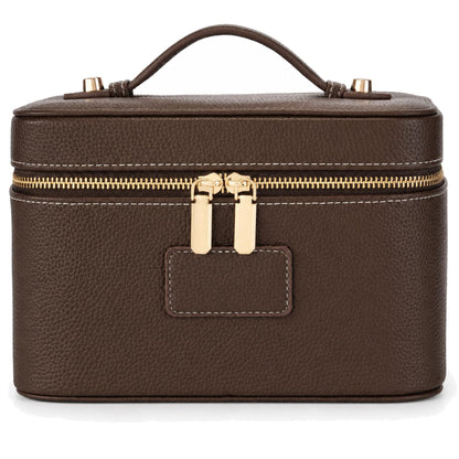 Makeup Bag Travel Toiletry Leather Cosmetic Case, Waterproof Makeup Organizer with Brush Holder, Wipe Clean Removable Divider Vanity Train Bag for Women, Brown Coffe