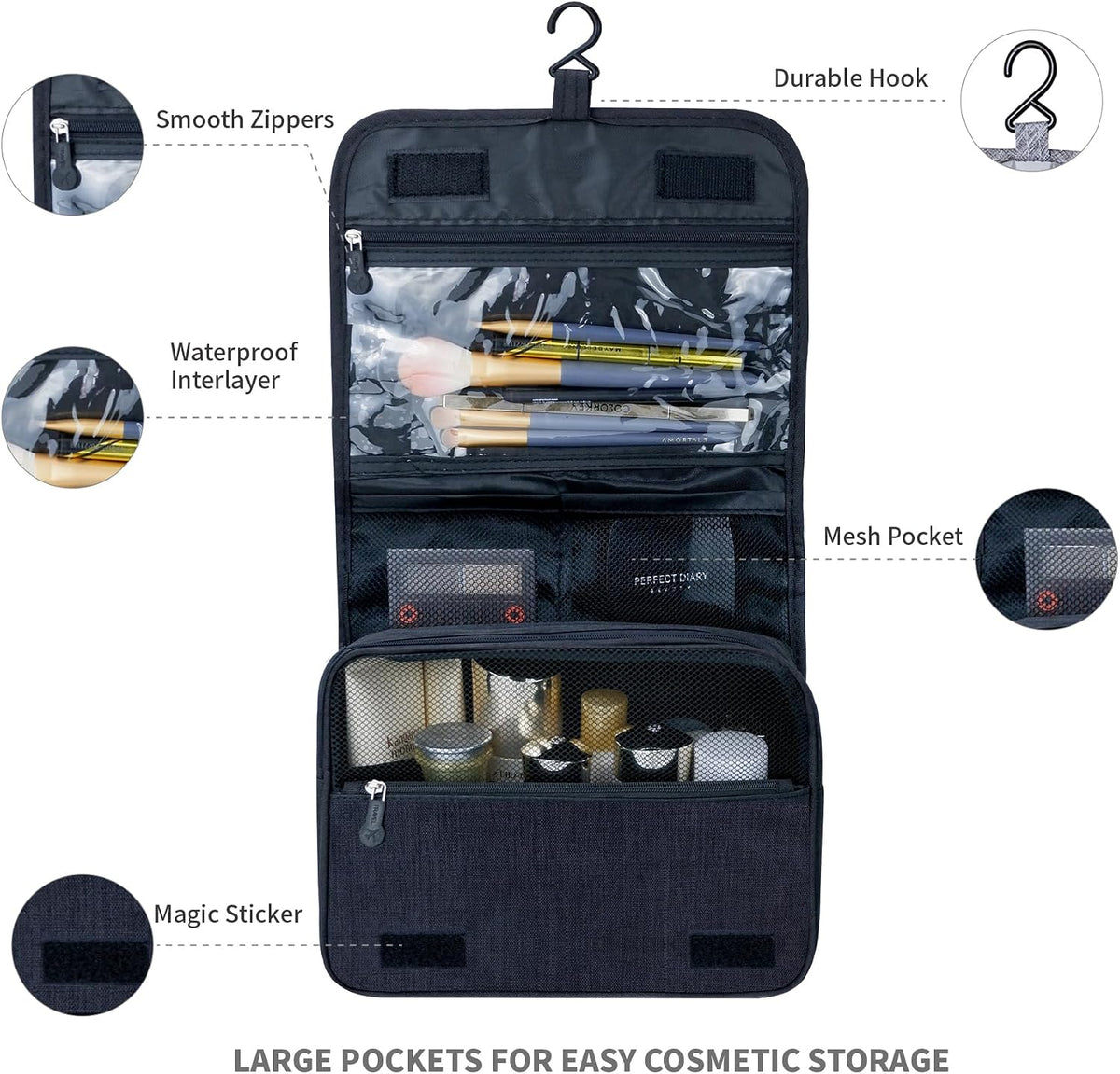 Lcsmaokin Large Capacity Toiletry Bag Travel Bag with Hanging Hook for Men and Women Waterproof Travel Cosmetic Bag Bathroom Storage Bag for Brushes Set,Full-Sized Shampoo,Toiletries,Accessories-Black