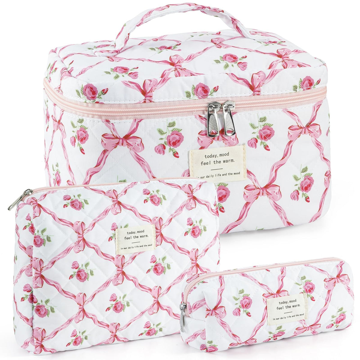 Makeup Bag for Women Quilted Cotton Make Up Bag Travel Cosmetic Bag Large Makeup Bag Cute Makeup Bags Organizer Floral Toiletry Bag Makeup Pouch for Purse, Pink Floral A-1PCS
