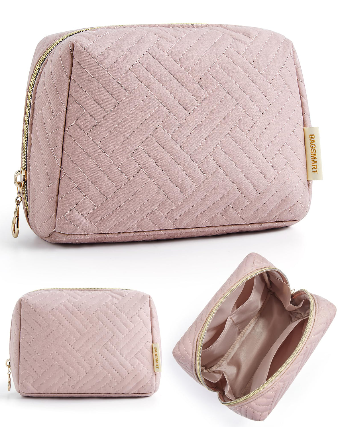 BAGSMART Small Makeup Bag, Puffy Wide-open Zipper Cosmetic Pouch, Pink
