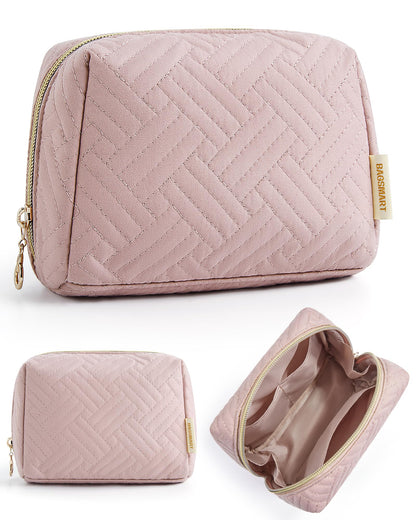 BAGSMART Small Makeup Bag, Puffy Wide-open Zipper Cosmetic Pouch, Pink
