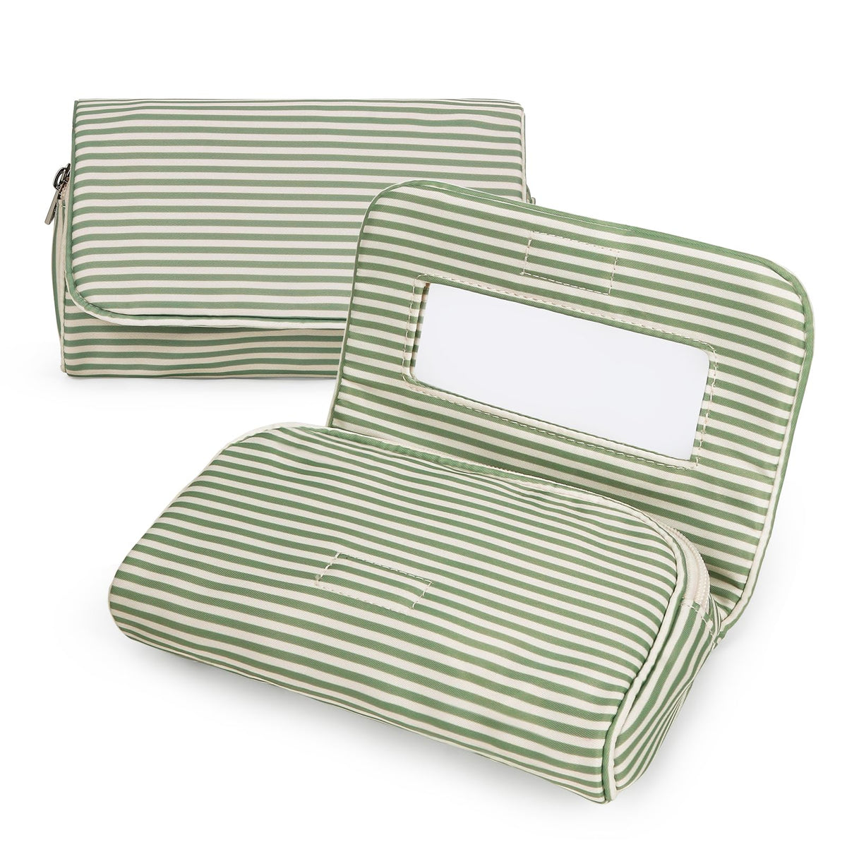Women’s Cute Nylon Makeup Bag with Built-in Mirror, Protable Lightweight Cosmetic Bag, Trendy Toiletry Bag for Travel (Light Pink Stripe)