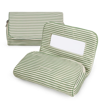 Women’s Cute Nylon Makeup Bag with Built-in Mirror, Protable Lightweight Cosmetic Bag, Trendy Toiletry Bag for Travel (Light Pink Stripe)